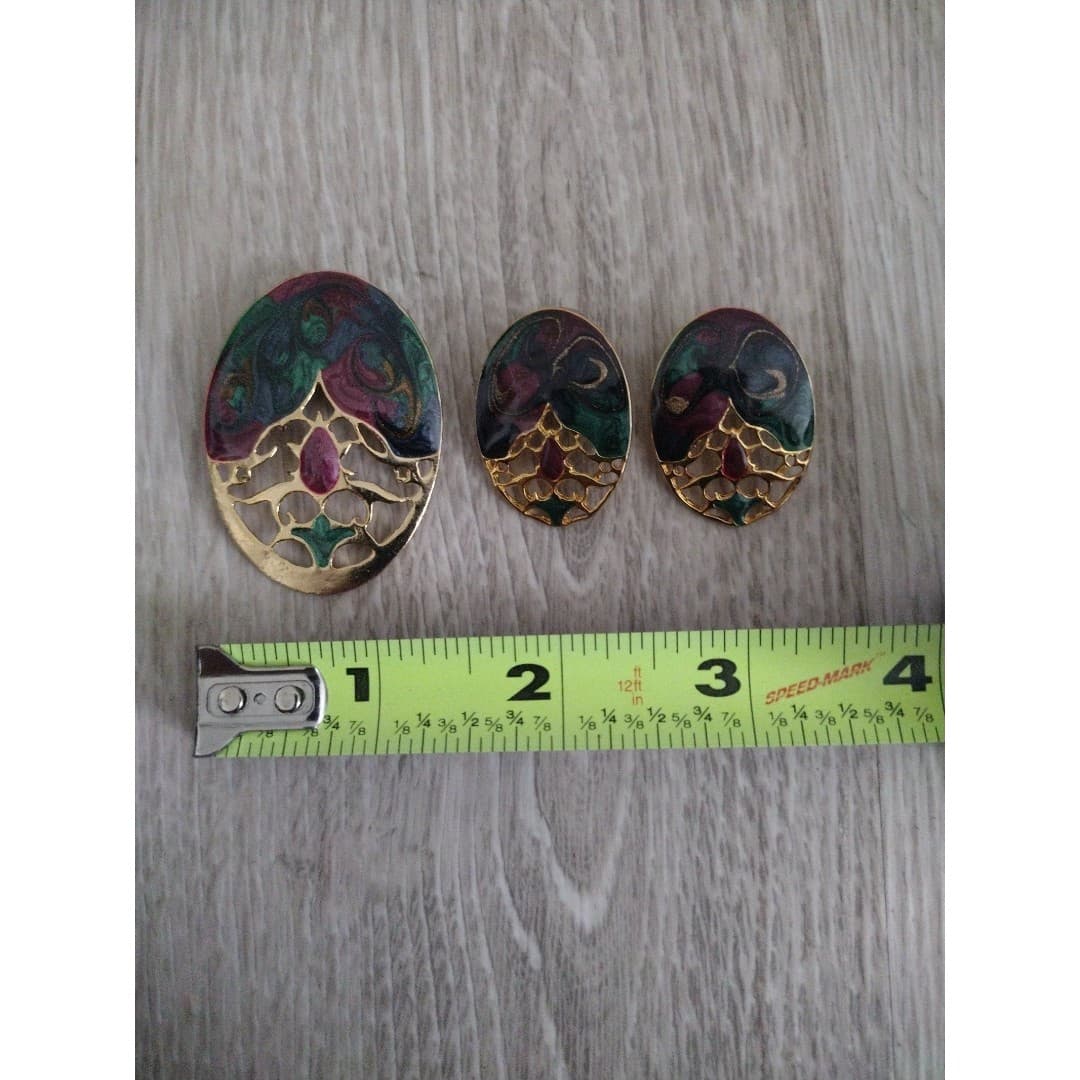 Vintage 80s Colorful Enamel Gold Oval Brooch/Pin & Earrings Set - Thumbnail 6