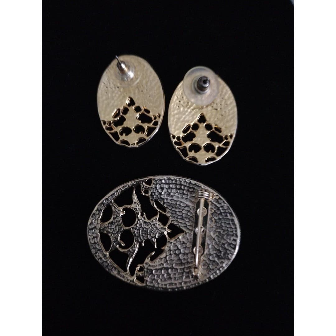 Vintage 80s Colorful Enamel Gold Oval Brooch/Pin & Earrings Set - Thumbnail 3