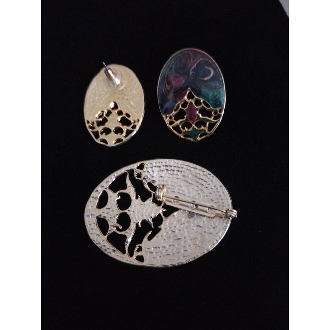 Vintage 80s Colorful Enamel Gold Oval Brooch/Pin & Earrings Set - Thumbnail 4