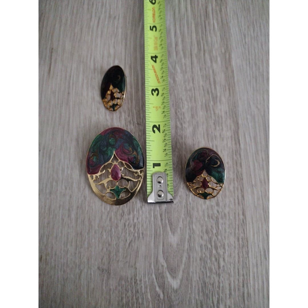 Vintage 80s Colorful Enamel Gold Oval Brooch/Pin & Earrings Set - Thumbnail 5