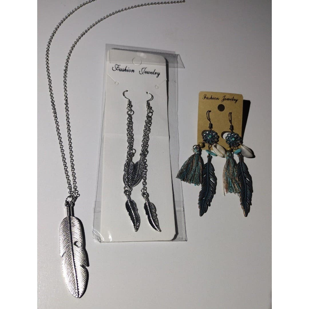 Feather Earrings(2) & Necklace Jewelry Bundle- New - Image 1