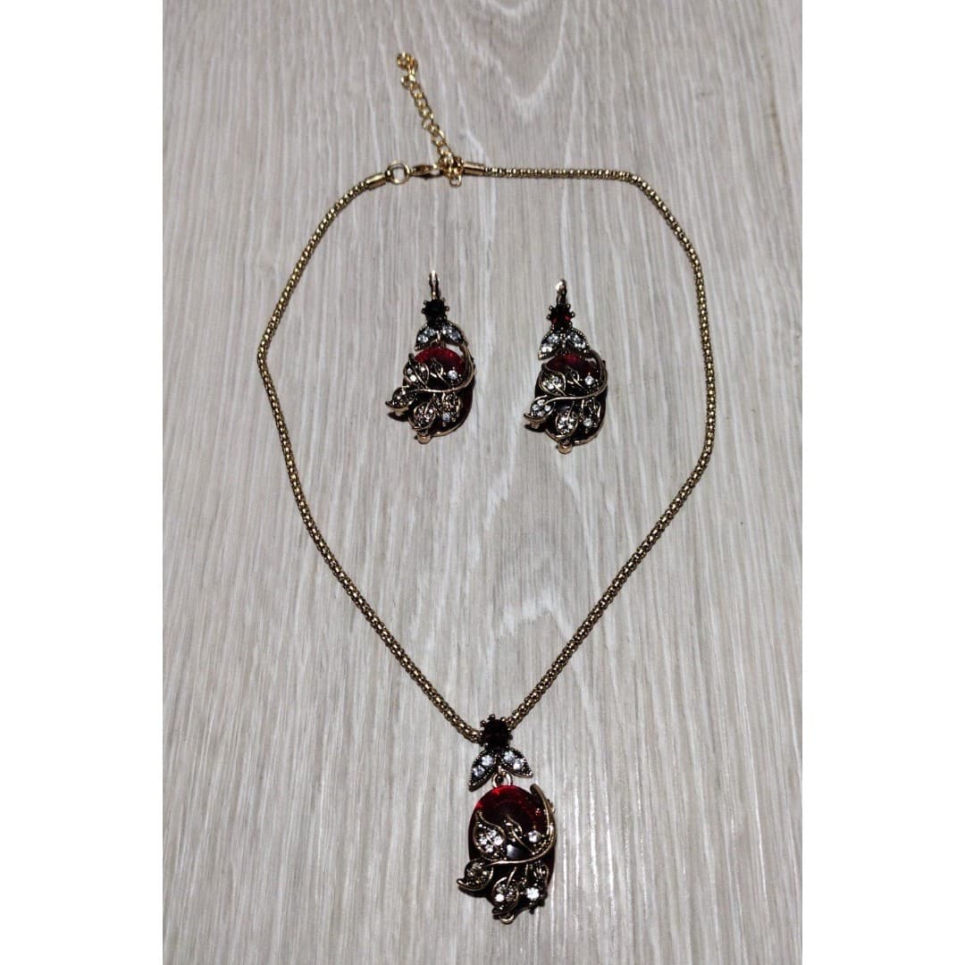 Necklace & Earrings Set - Dark Ruby Like Red & Diamond like Accents - Image 1