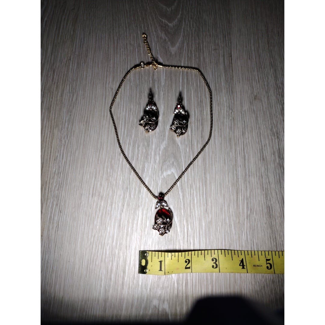 Necklace & Earrings Set - Dark Ruby Like Red & Diamond like Accents - Thumbnail 7