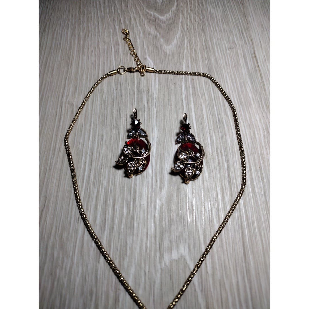 Necklace & Earrings Set - Dark Ruby Like Red & Diamond like Accents - Thumbnail 6