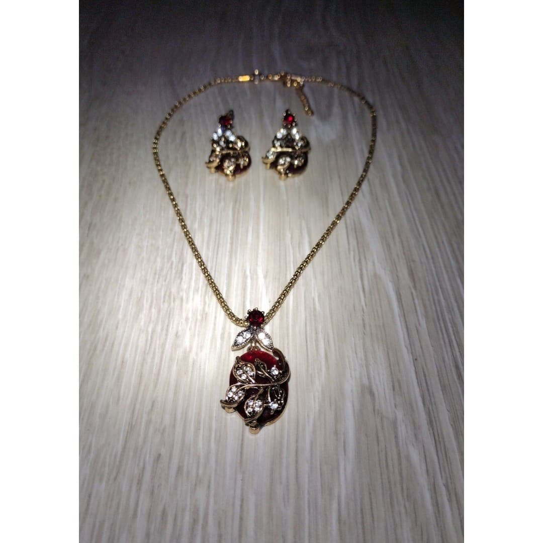 Necklace & Earrings Set - Dark Ruby Like Red & Diamond like Accents - Thumbnail 3