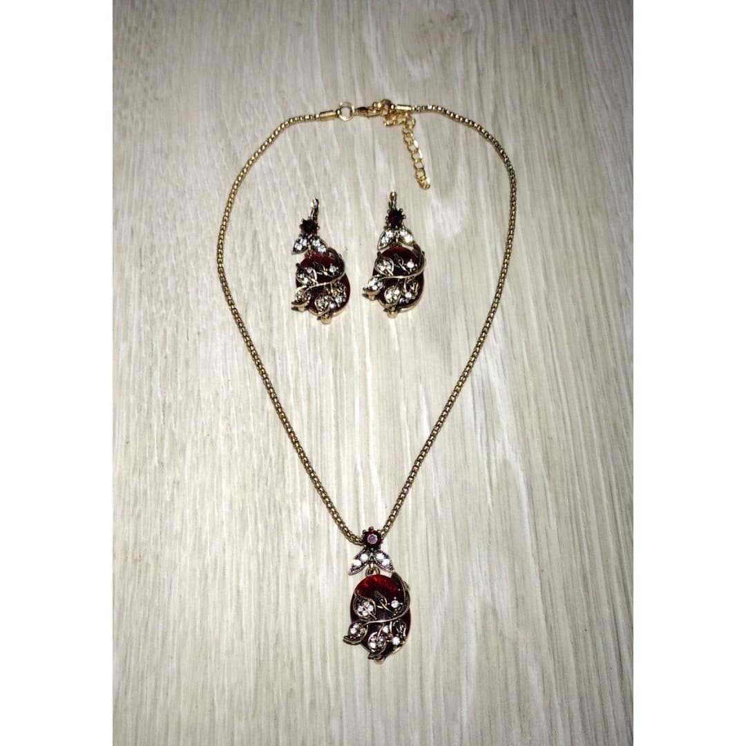 Necklace & Earrings Set - Dark Ruby Like Red & Diamond like Accents - Thumbnail 2