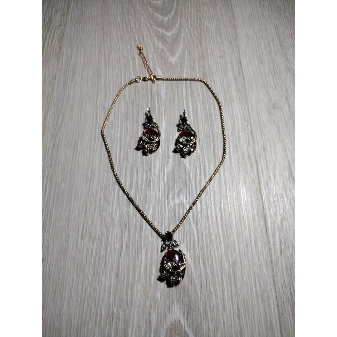 Necklace & Earrings Set - Dark Ruby Like Red & Diamond like Accents - Thumbnail 4