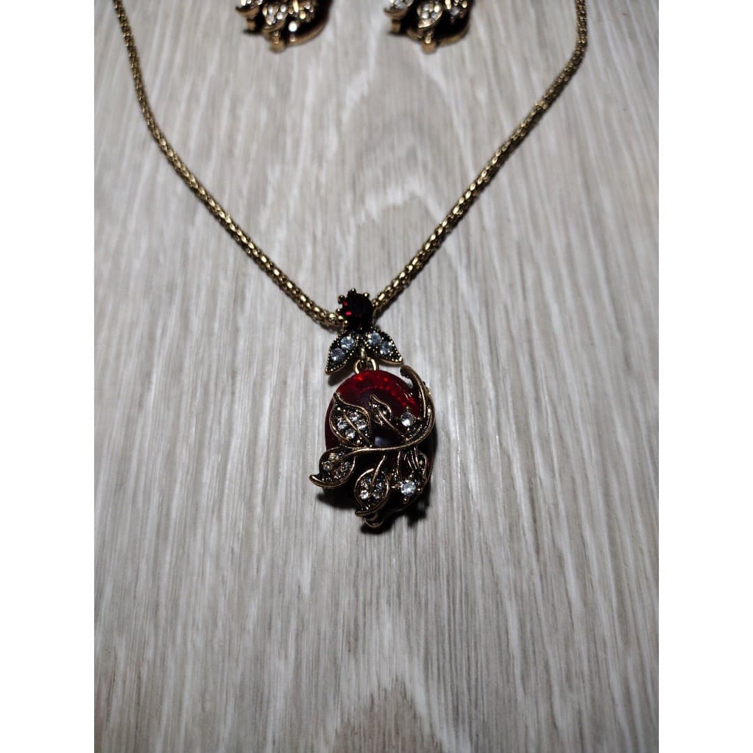 Necklace & Earrings Set - Dark Ruby Like Red & Diamond like Accents - Thumbnail 5