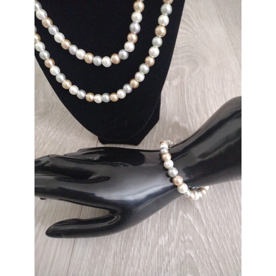 Elegant Matching 3Pc Faux Pearl Necklace & Bracelet Set - Thumbnail 2