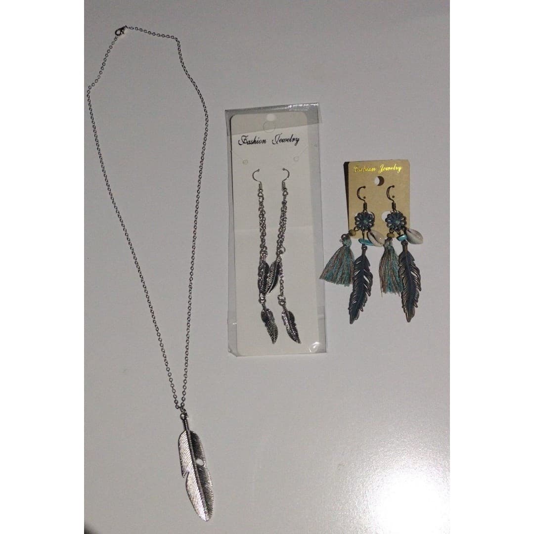 Feather Earrings(2) & Necklace Jewelry Bundle- New - Thumbnail 2