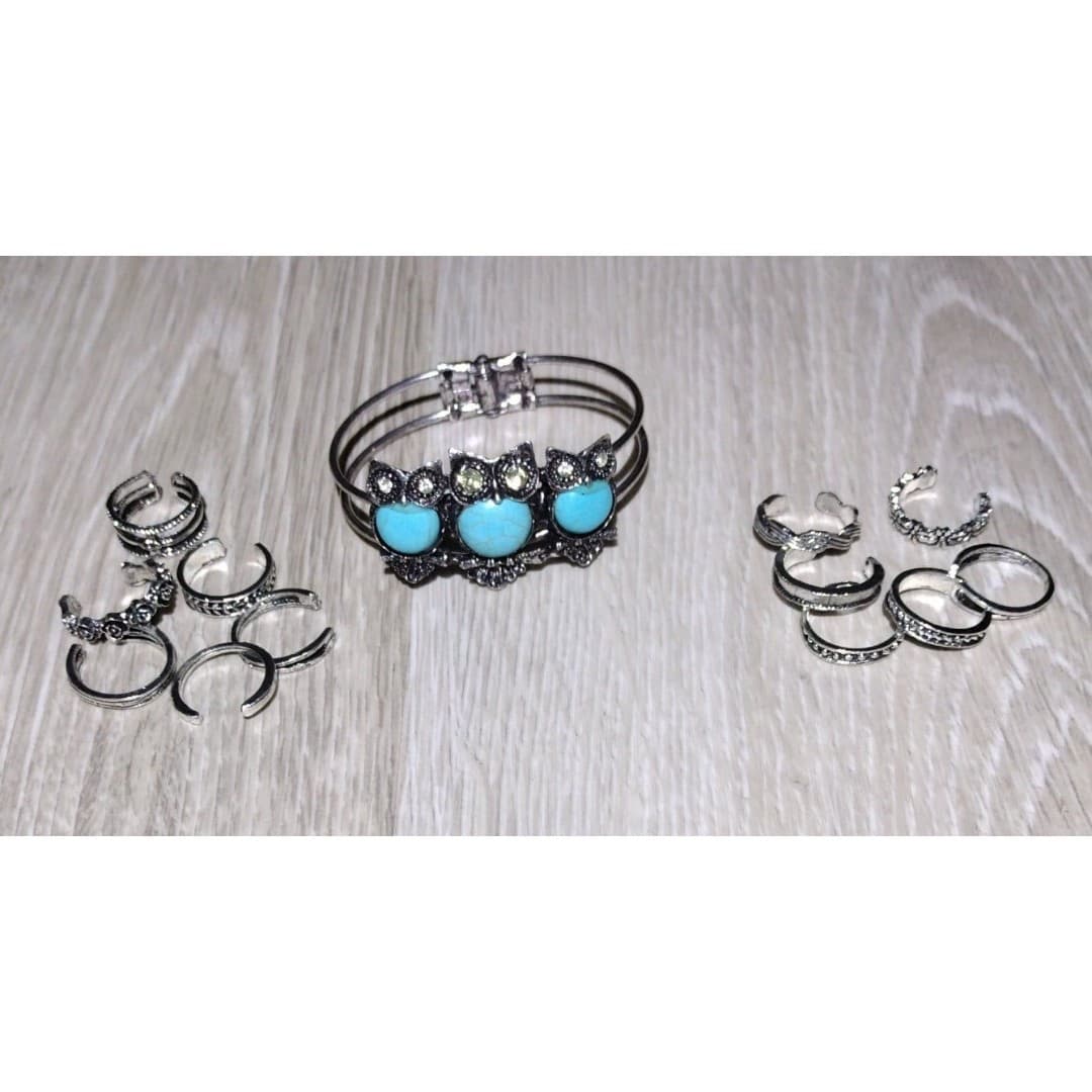 Owl Turquoise Like Bracelet & Adjustable Rings(12) Fingers/Toes - Image 1
