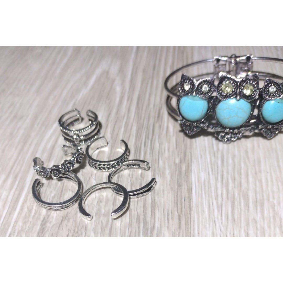 Owl Turquoise Like Bracelet & Adjustable Rings(12) Fingers/Toes - Thumbnail 7