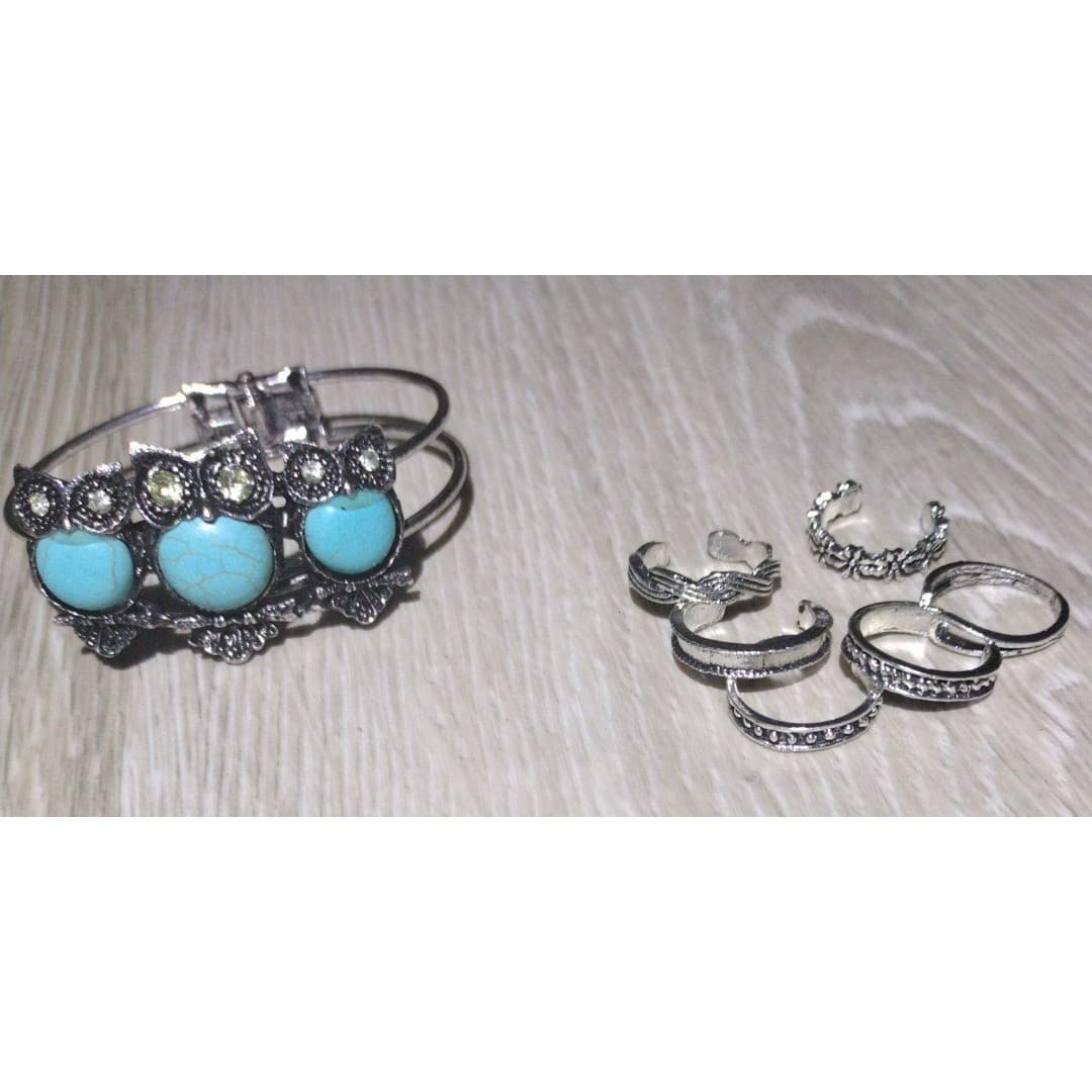 Owl Turquoise Like Bracelet & Adjustable Rings(12) Fingers/Toes - Thumbnail 8