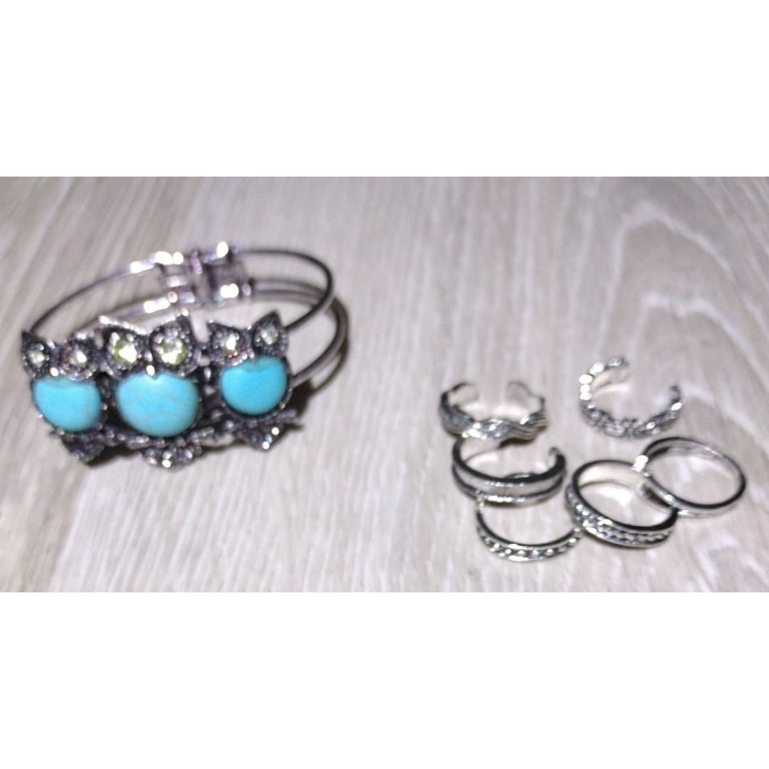 Owl Turquoise Like Bracelet & Adjustable Rings(12) Fingers/Toes - Thumbnail 3