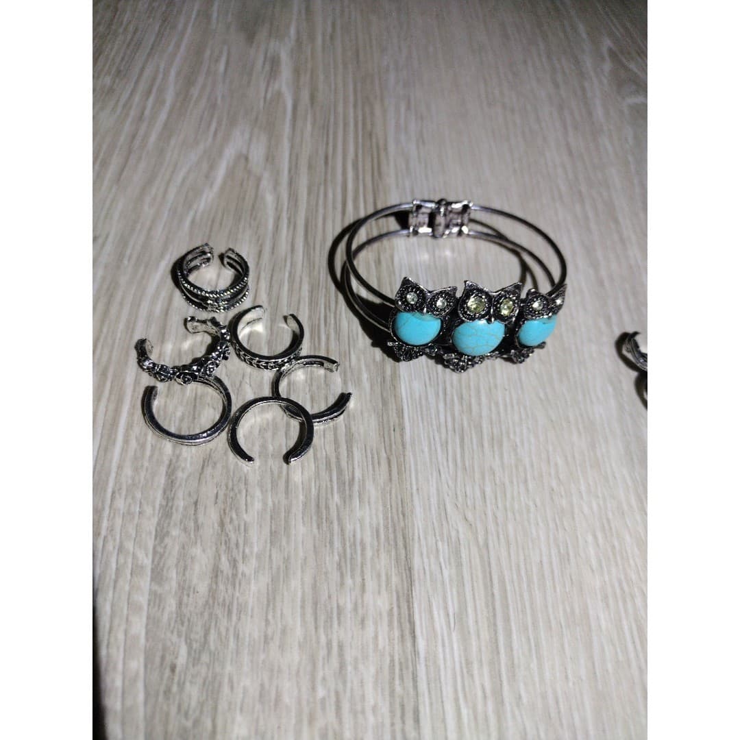 Owl Turquoise Like Bracelet & Adjustable Rings(12) Fingers/Toes - Thumbnail 2