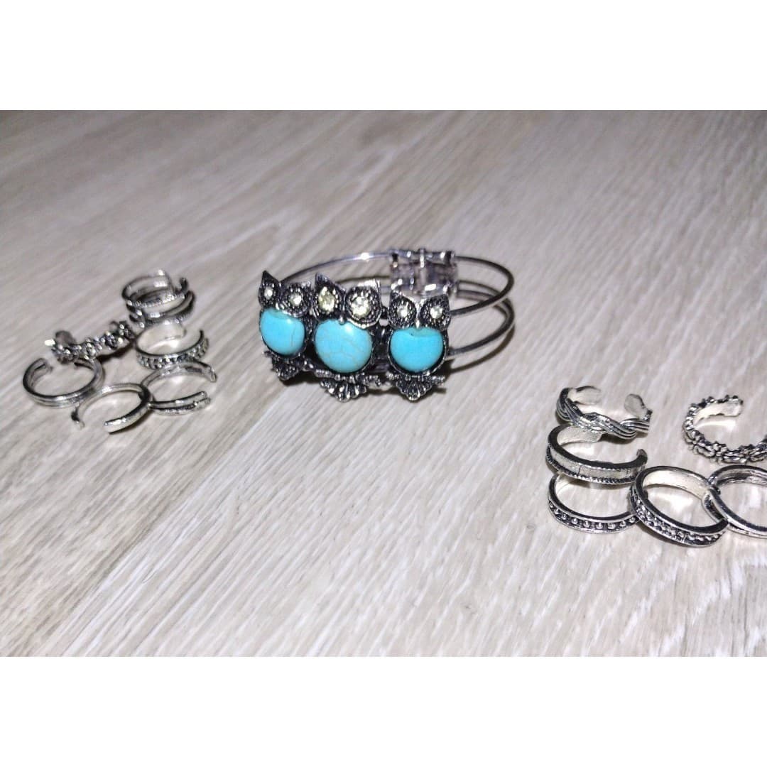 Owl Turquoise Like Bracelet & Adjustable Rings(12) Fingers/Toes - Thumbnail 5
