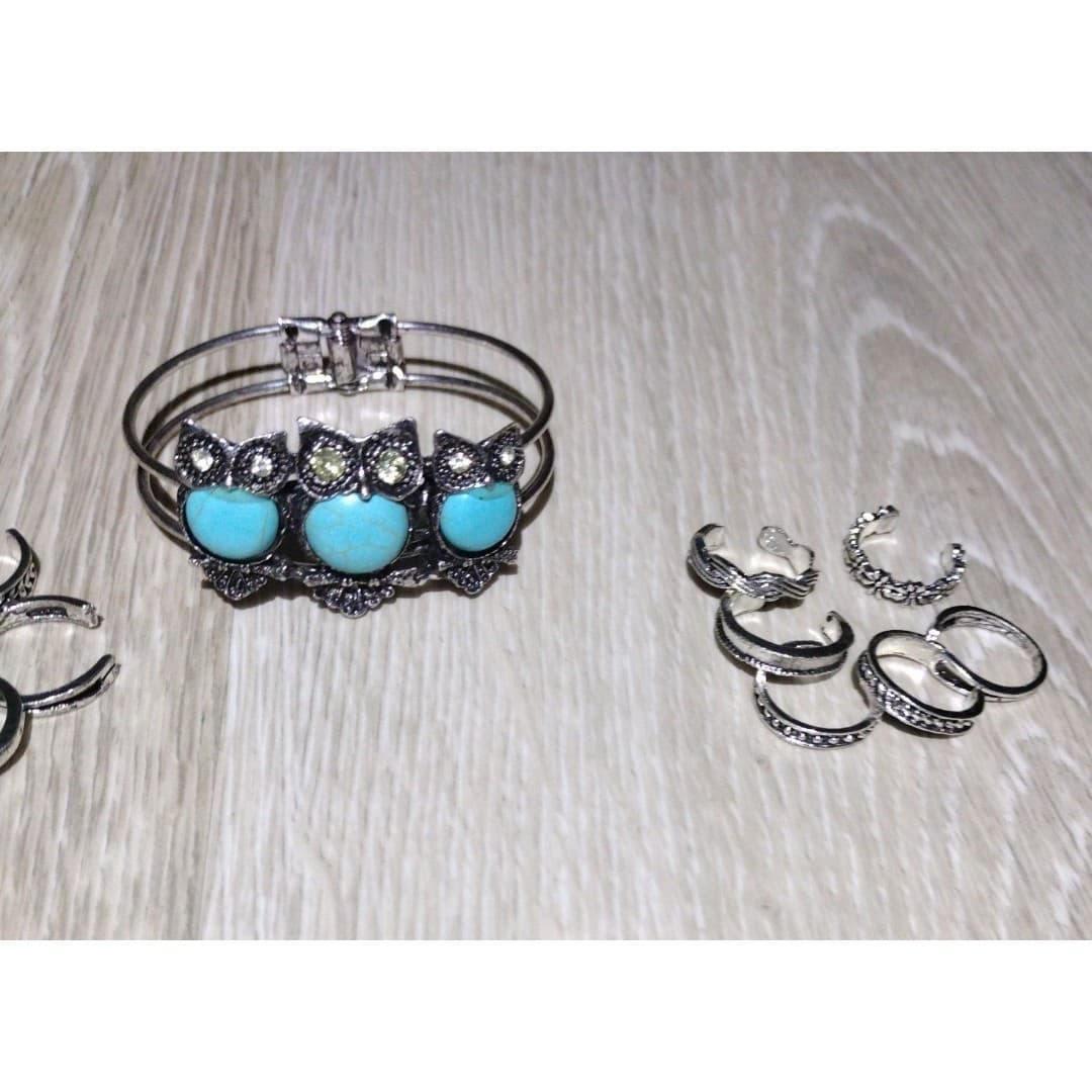 Owl Turquoise Like Bracelet & Adjustable Rings(12) Fingers/Toes - Thumbnail 4