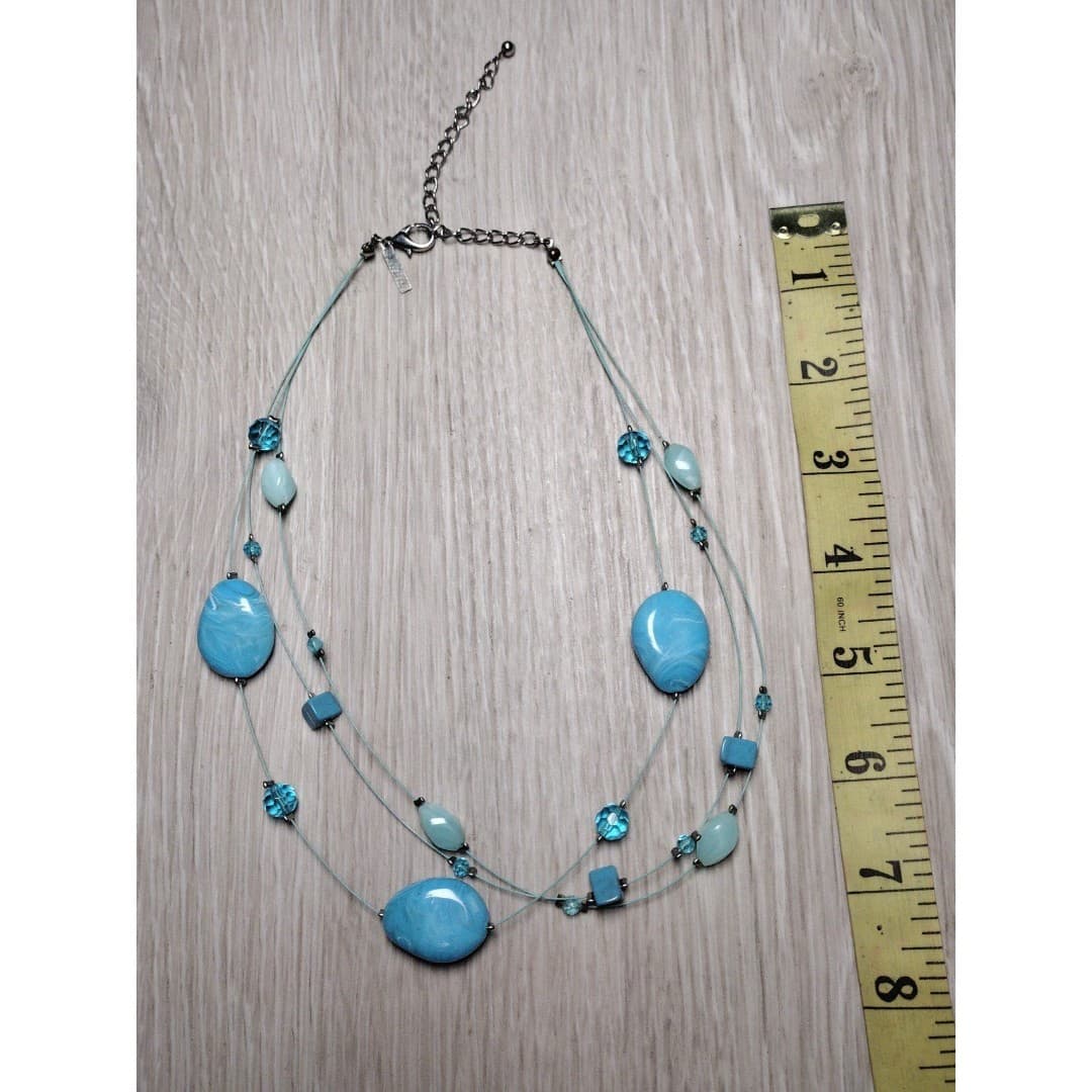 Lane Bryant 3 Strand Wire Glass Stones/Beads Necklace 16" Turquoise - Thumbnail 6