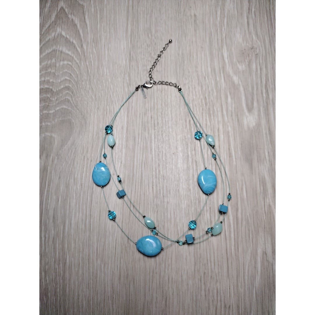 Lane Bryant 3 Strand Wire Glass Stones/Beads Necklace 16" Turquoise - Thumbnail 4