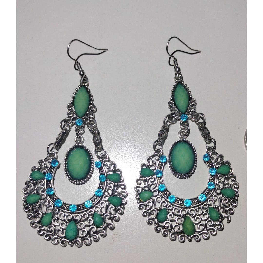 Rhinestone and Turquoise Like Water Drop Bohemian Style Earrings - Thumbnail 3