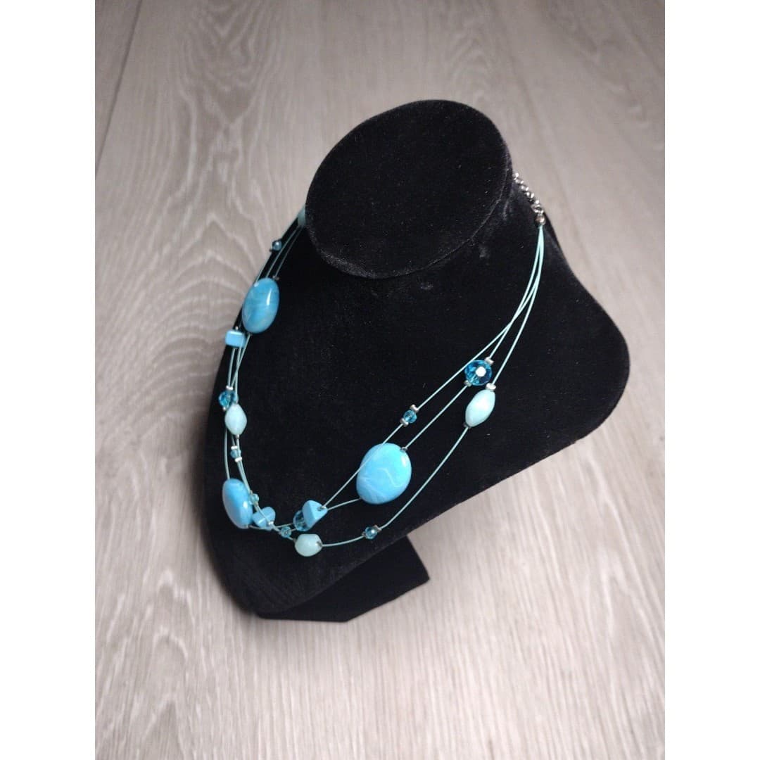 Lane Bryant 3 Strand Wire Glass Stones/Beads Necklace 16" Turquoise - Thumbnail 2