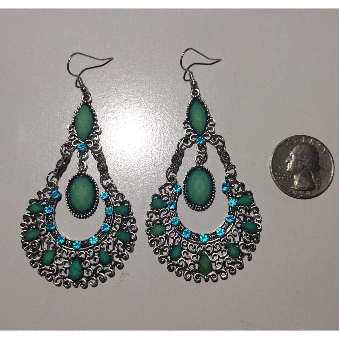 Rhinestone and Turquoise Like Water Drop Bohemian Style Earrings - Thumbnail 2