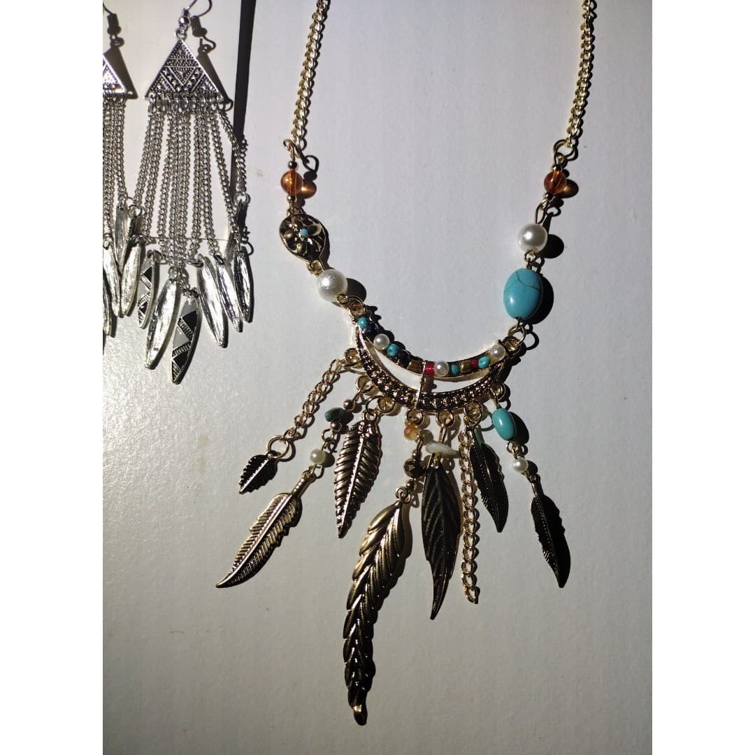 Native/Aztec Goldtone Necklace & Silver Earrings - New - Thumbnail 5