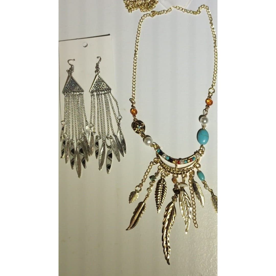 Native/Aztec Goldtone Necklace & Silver Earrings - New - Thumbnail 4