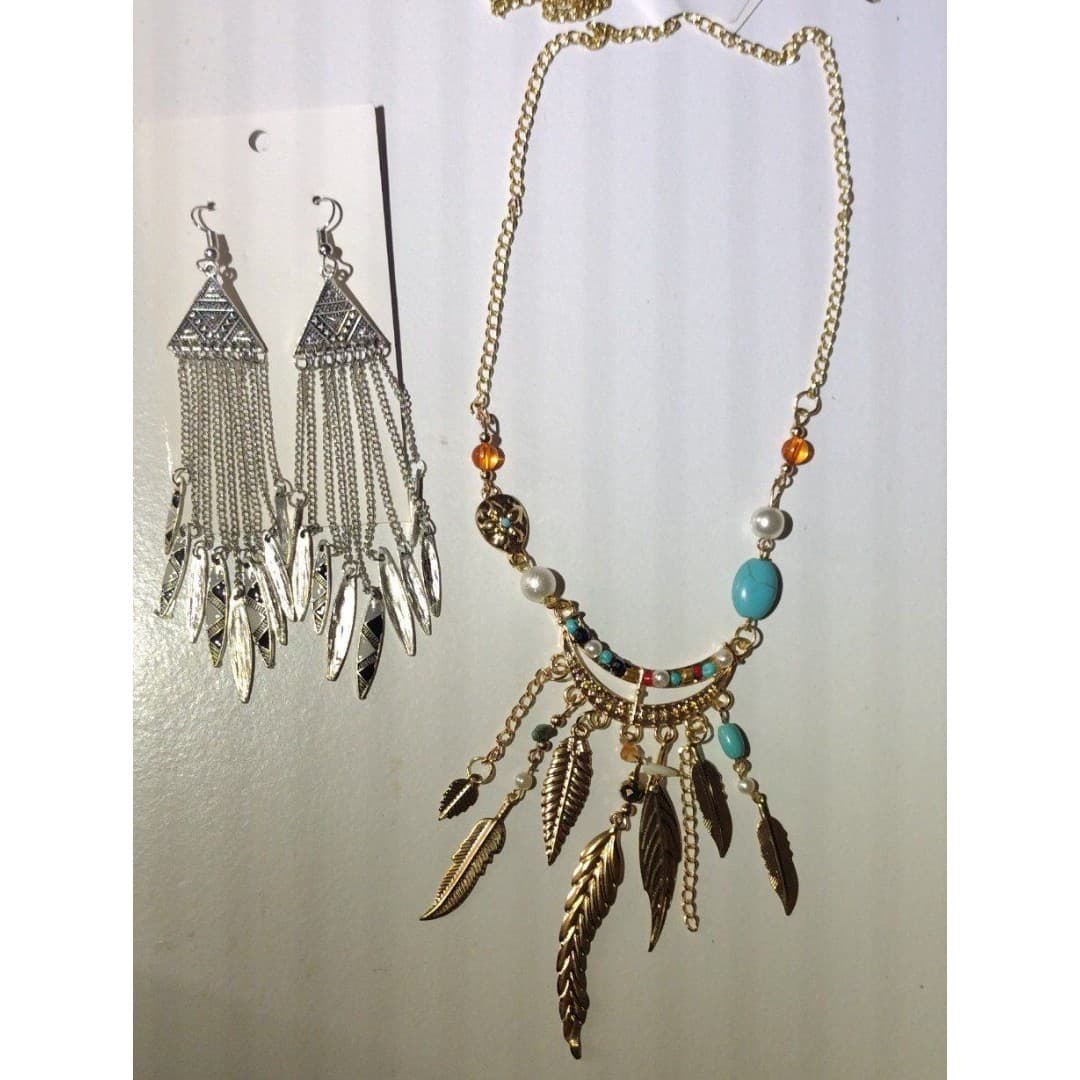 Native/Aztec Goldtone Necklace & Silver Earrings - New - Image 1
