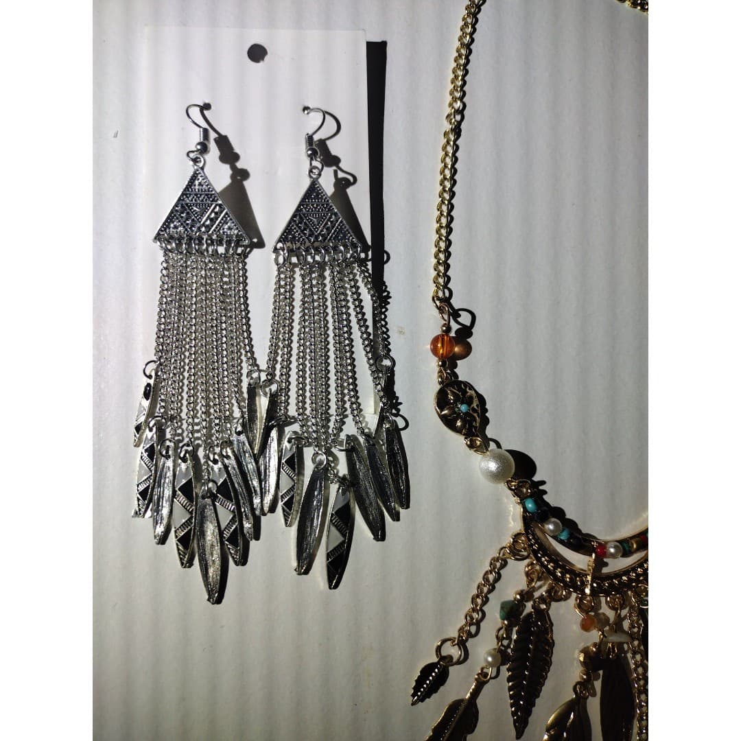 Native/Aztec Goldtone Necklace & Silver Earrings - New - Thumbnail 2