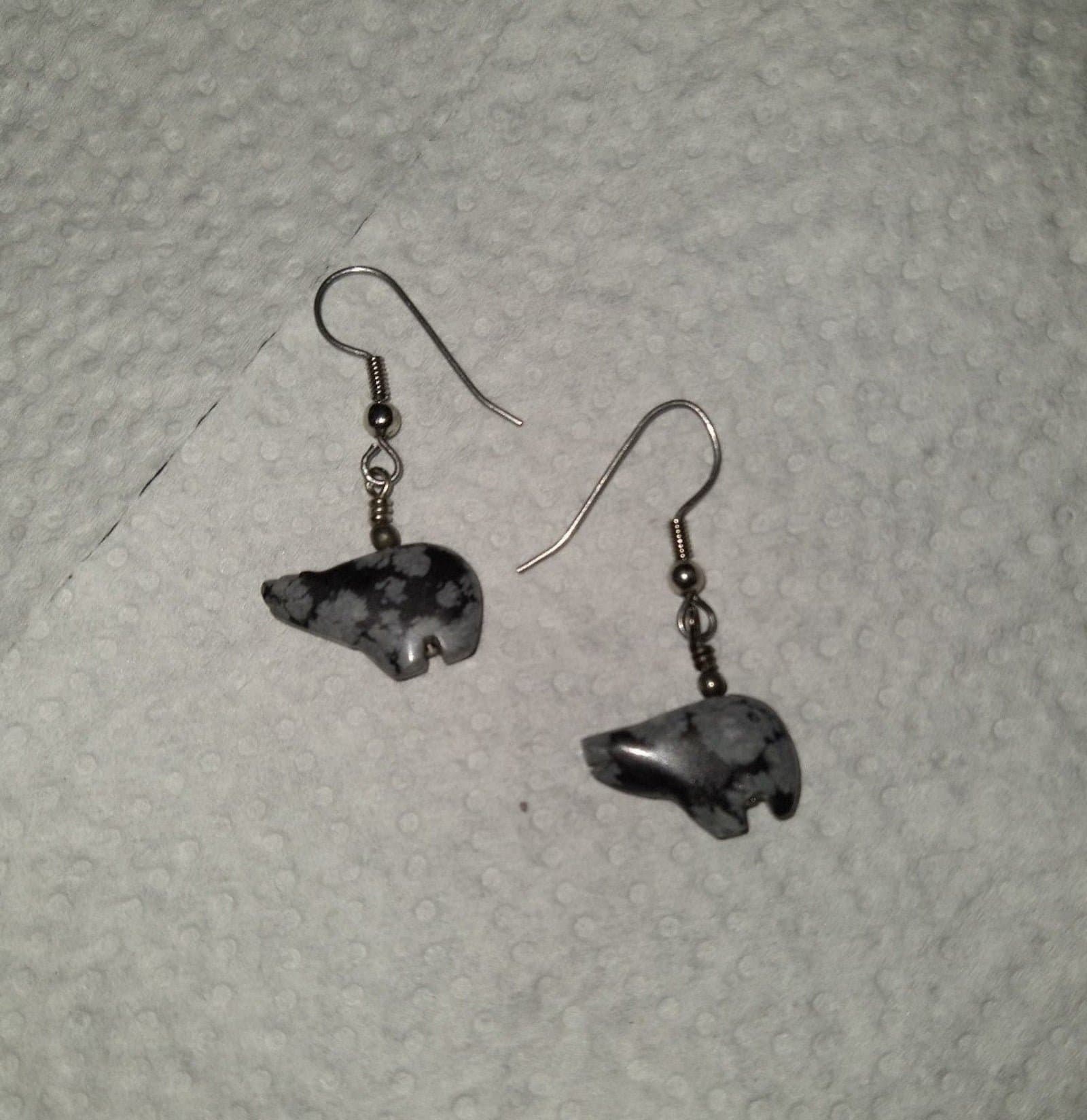 Snowflake Obsidian Carved Bear Earrings - Thumbnail 2