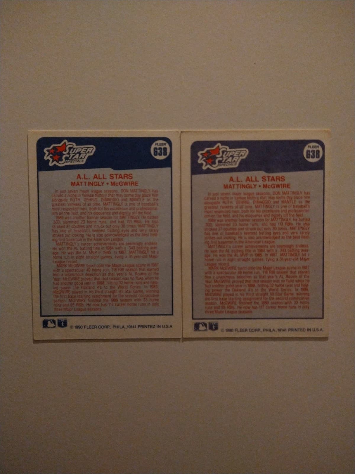 FLEER '90 - A.l All-Stars -DON MATTINGLY & MARK MCGWIRE(2) #638 - Thumbnail 2