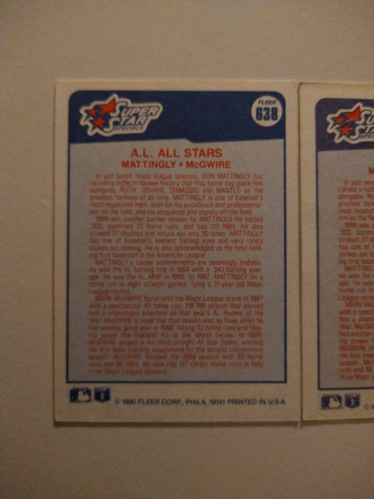 FLEER '90 - A.l All-Stars -DON MATTINGLY & MARK MCGWIRE(2) #638 - Thumbnail 3