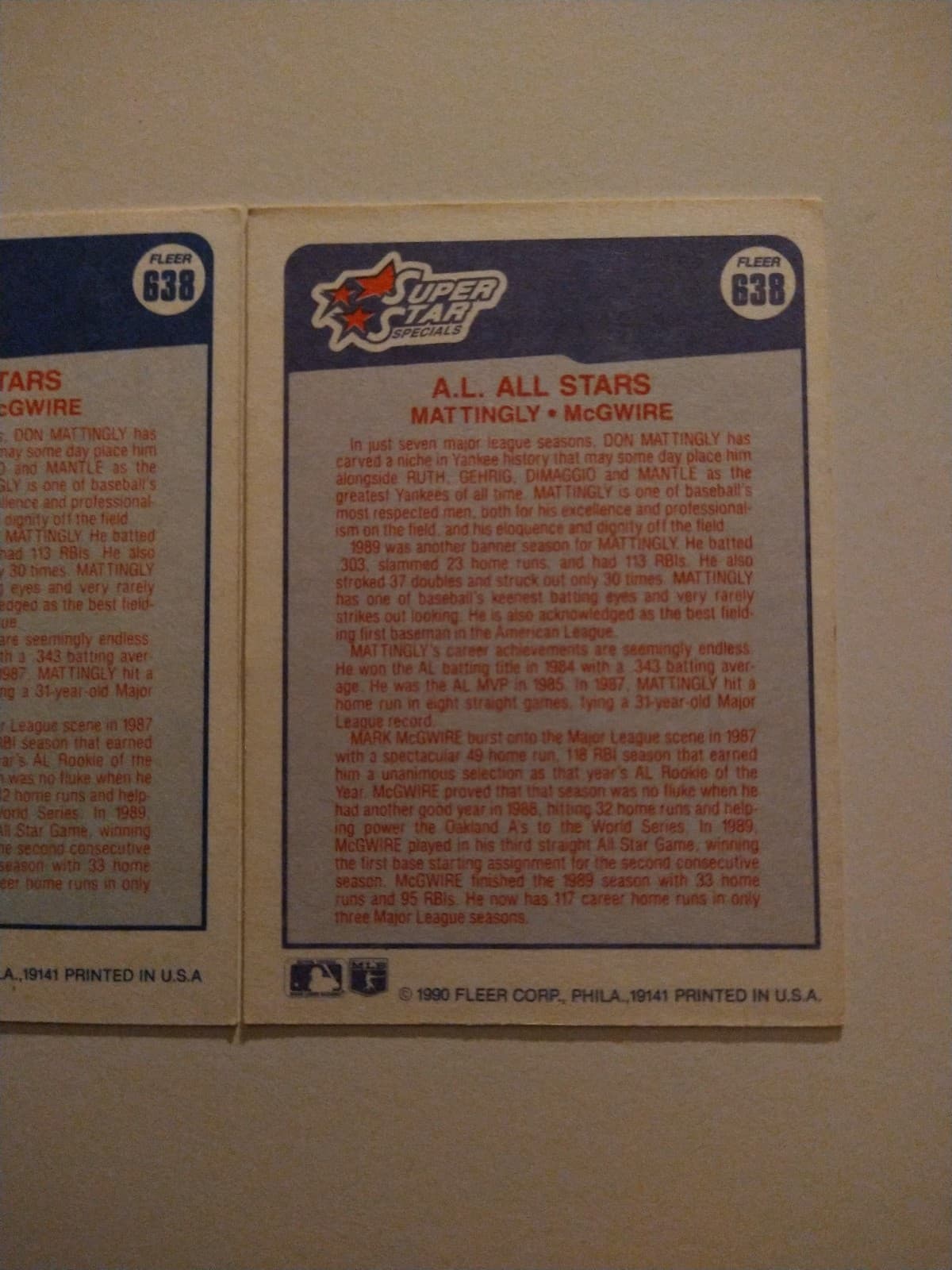 FLEER '90 - A.l All-Stars -DON MATTINGLY & MARK MCGWIRE(2) #638 - Thumbnail 4