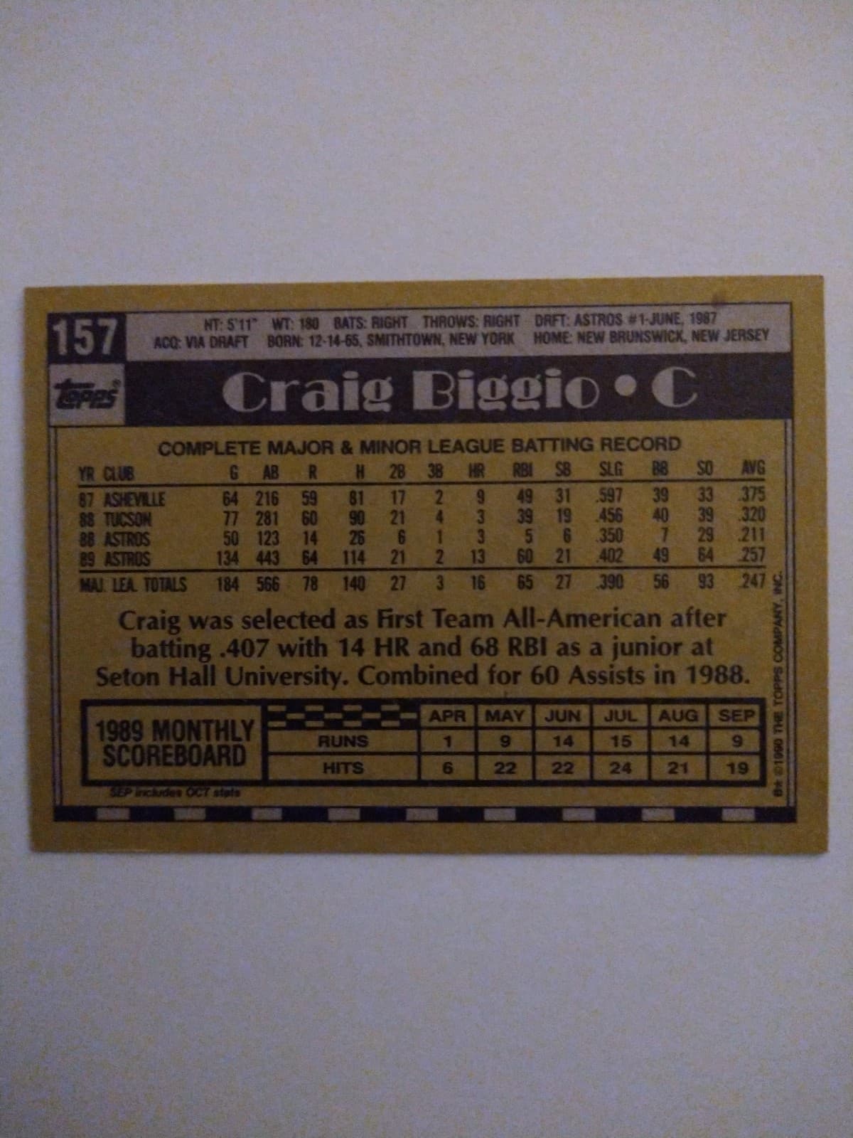 Set of 2 1990 Topps Baseball Cards - Craig Biggio -#157 - Thumbnail 5