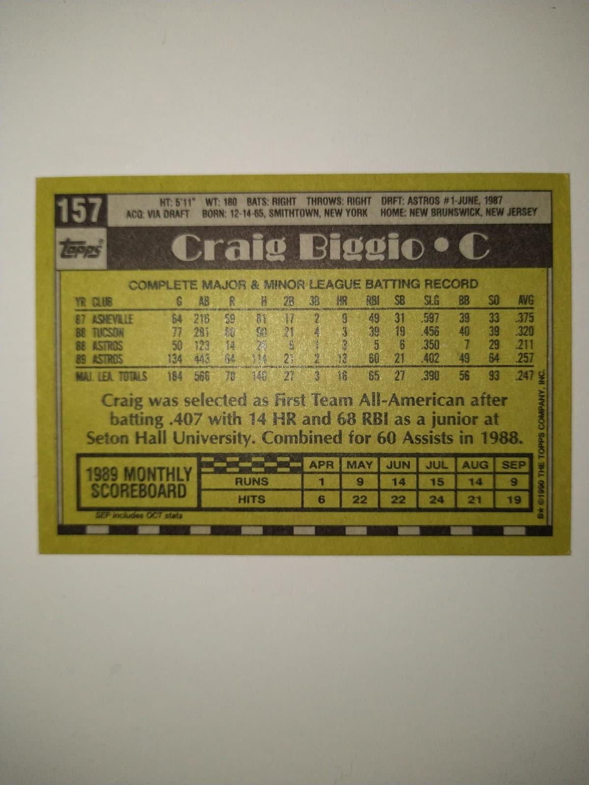 Set of 2 1990 Topps Baseball Cards - Craig Biggio -#157 - Thumbnail 3