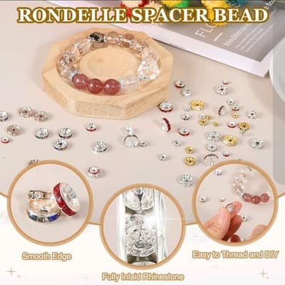 8mm Rondelle Spacer Bead, 200 Pcs Rhinestone Loose Bead, Silver - Thumbnail 4