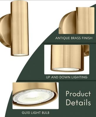 Brass Gold 2-Light Wall Sconce Modern Up Down Indoor Lamp Bedroom Bathroom - Thumbnail 4