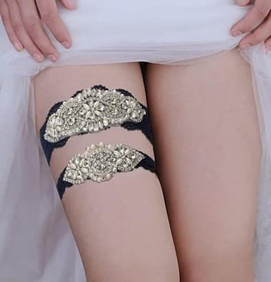 Wedding Garters For Bride Non Slip Silicone Lace Bridal Set Rhinestones Large - Thumbnail 2