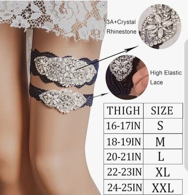 Wedding Garters For Bride Non Slip Silicone Lace Bridal Set Rhinestones Large - Thumbnail 3