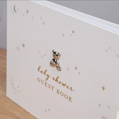 Baby Shower Guest Book – White w/ Crystal Bear & Ribbon & Stars – 40 Pages - Image 1