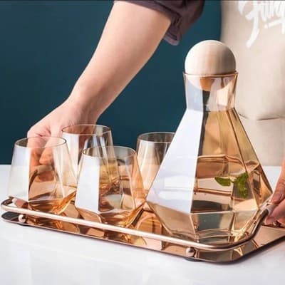 Amber Carafe Pitcher & 4 Cups | Modern Diamond Cut Barware | Elegant Gift Idea - Thumbnail 6
