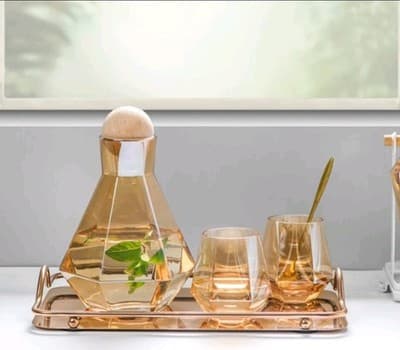 Amber Carafe Pitcher & 4 Cups | Modern Diamond Cut Barware | Elegant Gift Idea - Thumbnail 2