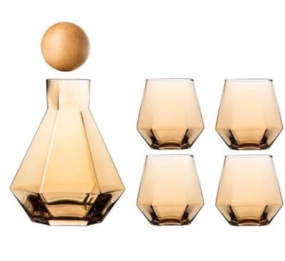 Amber Carafe Pitcher & 4 Cups | Modern Diamond Cut Barware | Elegant Gift Idea - Image 1