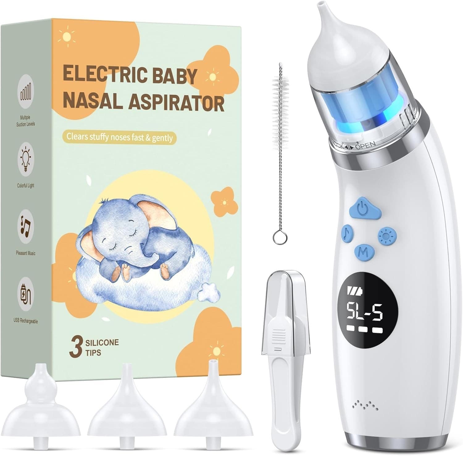 Electric Baby Nose Cleaner – 5 Suction Levels + 3 Tips – USB-C w/ Light & Music