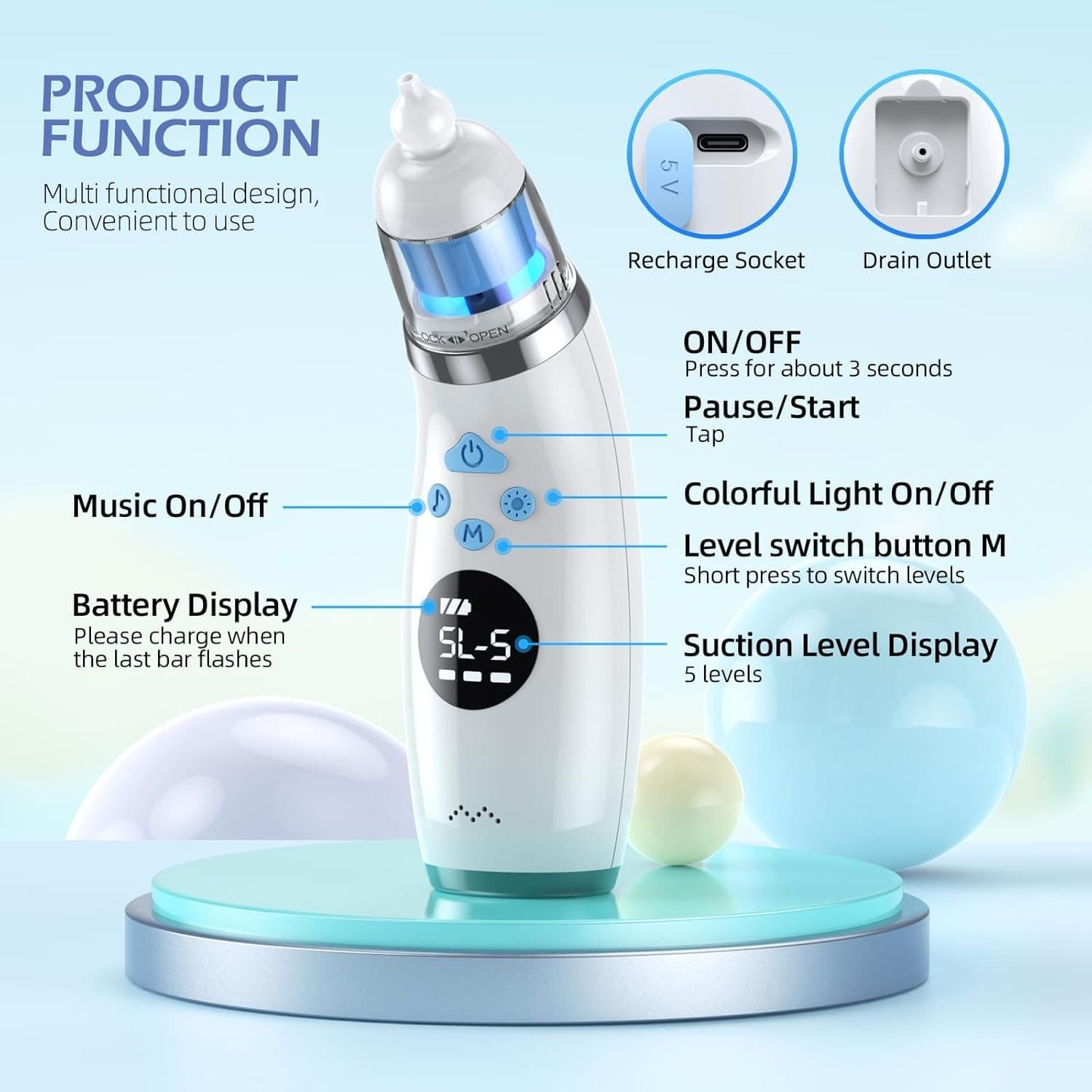 Electric Baby Nose Cleaner – 5 Suction Levels + 3 Tips – USB-C w/ Light & Music - Thumbnail 6