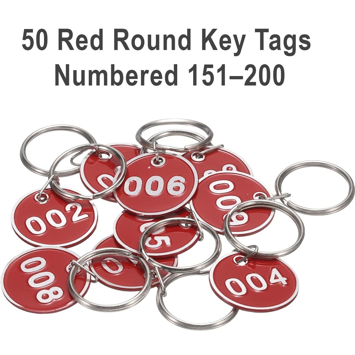 50 Red Round Key Tags – Numbered 151–200 – Durable Metal ID Tags – Buy Now!