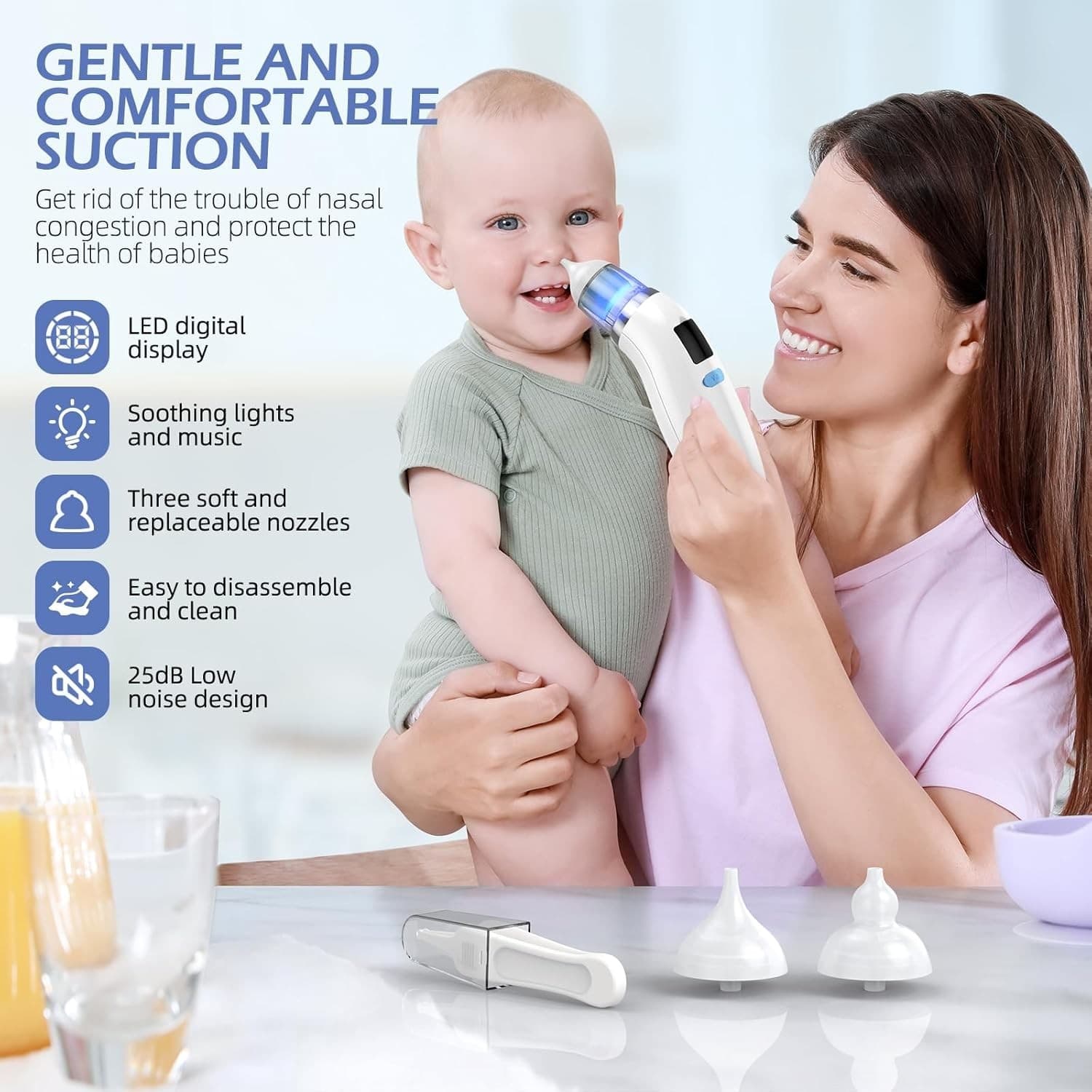 Electric Baby Nose Cleaner – 5 Suction Levels + 3 Tips – USB-C w/ Light & Music - Thumbnail 2