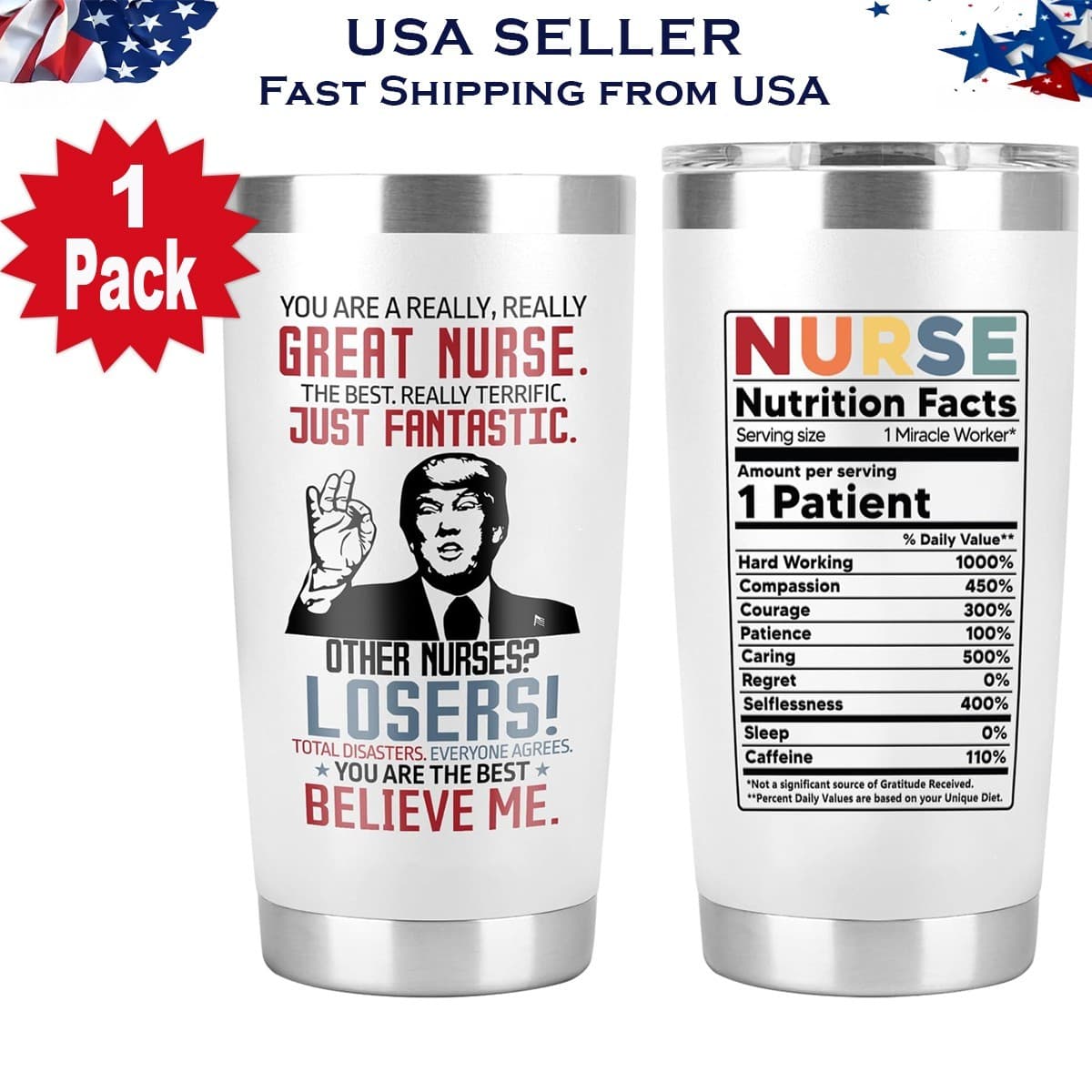 1 Pack Trump Nurse Tumbler 20oz | Funny Gift for RN CNA ICU | Dishwasher Safe
