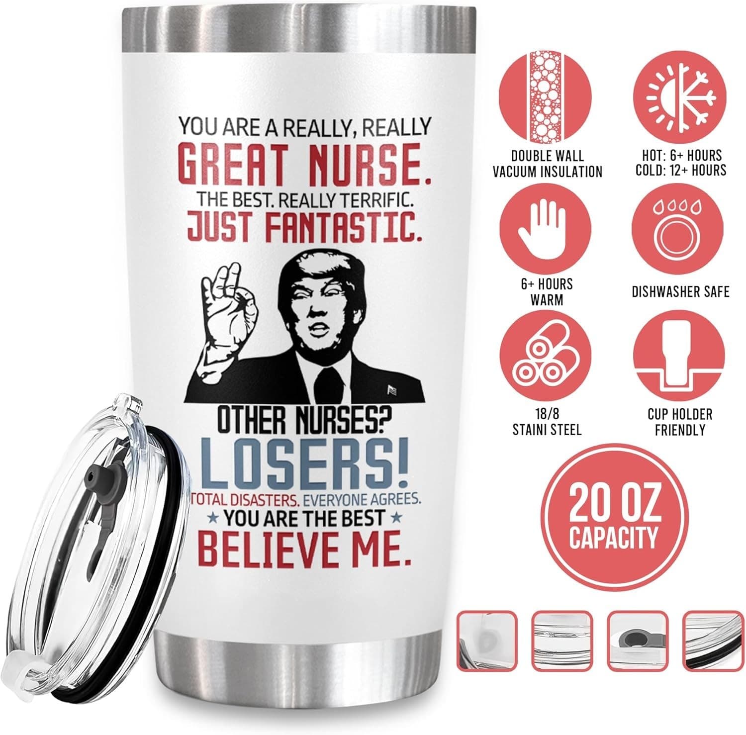 1 Pack Trump Nurse Tumbler 20oz | Funny Gift for RN CNA ICU | Dishwasher Safe - Thumbnail 7